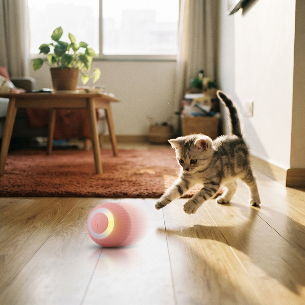 A silicone intelligent cat ball toy rolling on a living room floor in a modern apartment.